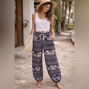 Authentic Thai Bohemian Elephant Print Pants - Navy